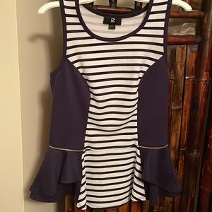 Iz Byer Medium Peplum striped navy blue & white Ruffle top zipper design